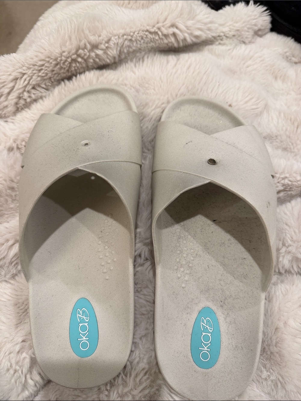 OKA b. White Crossband Slide Sandals with Aqua Logo